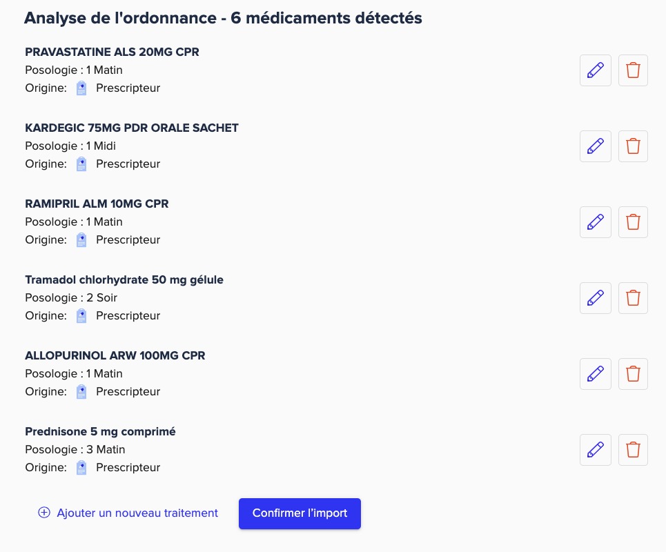 visuel de la plateforme Bimedoc présentant le résultat de la restranscription intelligente d'une ordonnance